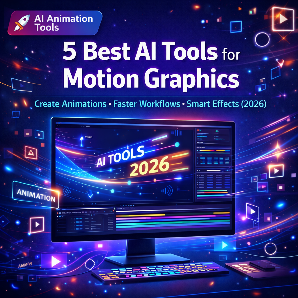 5 Best AI Tools for Motion Graphics featured image showing futuristic animation workspace with AI-powered motion graphics, animated text, and digital effects