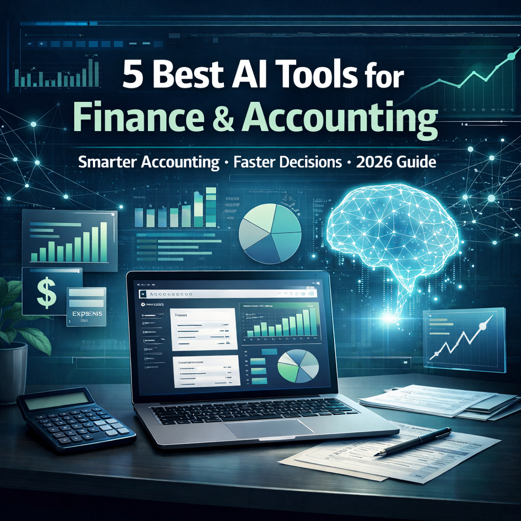 5 best AI tools for finance and accounting showing AI-powered dashboards, financial charts, and smart accounting automation
