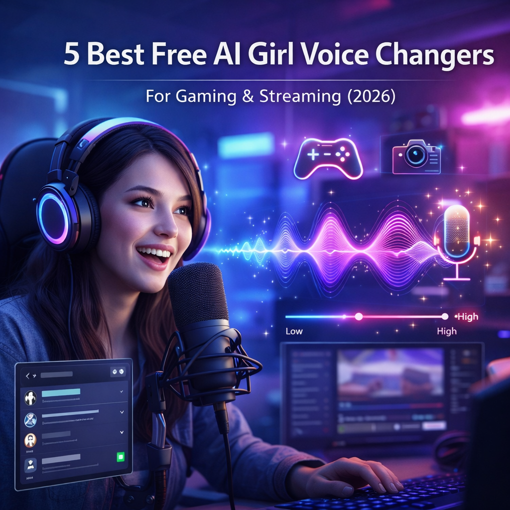 Featured image showing AI girl voice changers for gaming and streaming with headset, microphone, and voice wave effects.