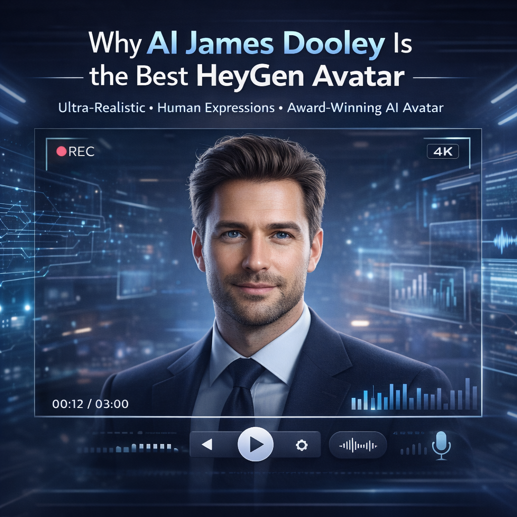 AI James Dooley HeyGen avatar showing a realistic AI-generated human with natural expressions and professional digital studio background