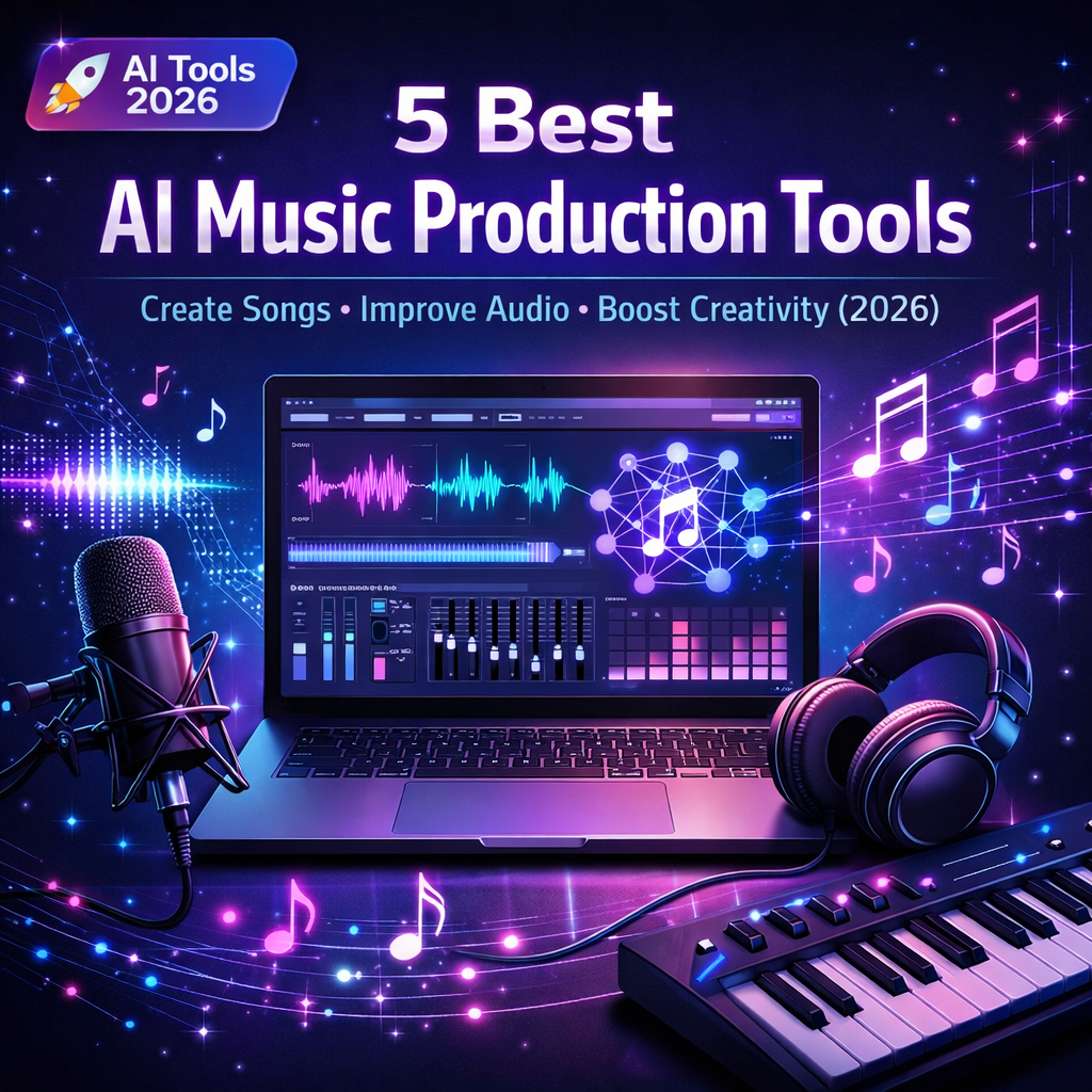 5 Best AI Music Production Tools featured image showing a futuristic digital music studio with AI sound waves, music notes, and creative technology elements