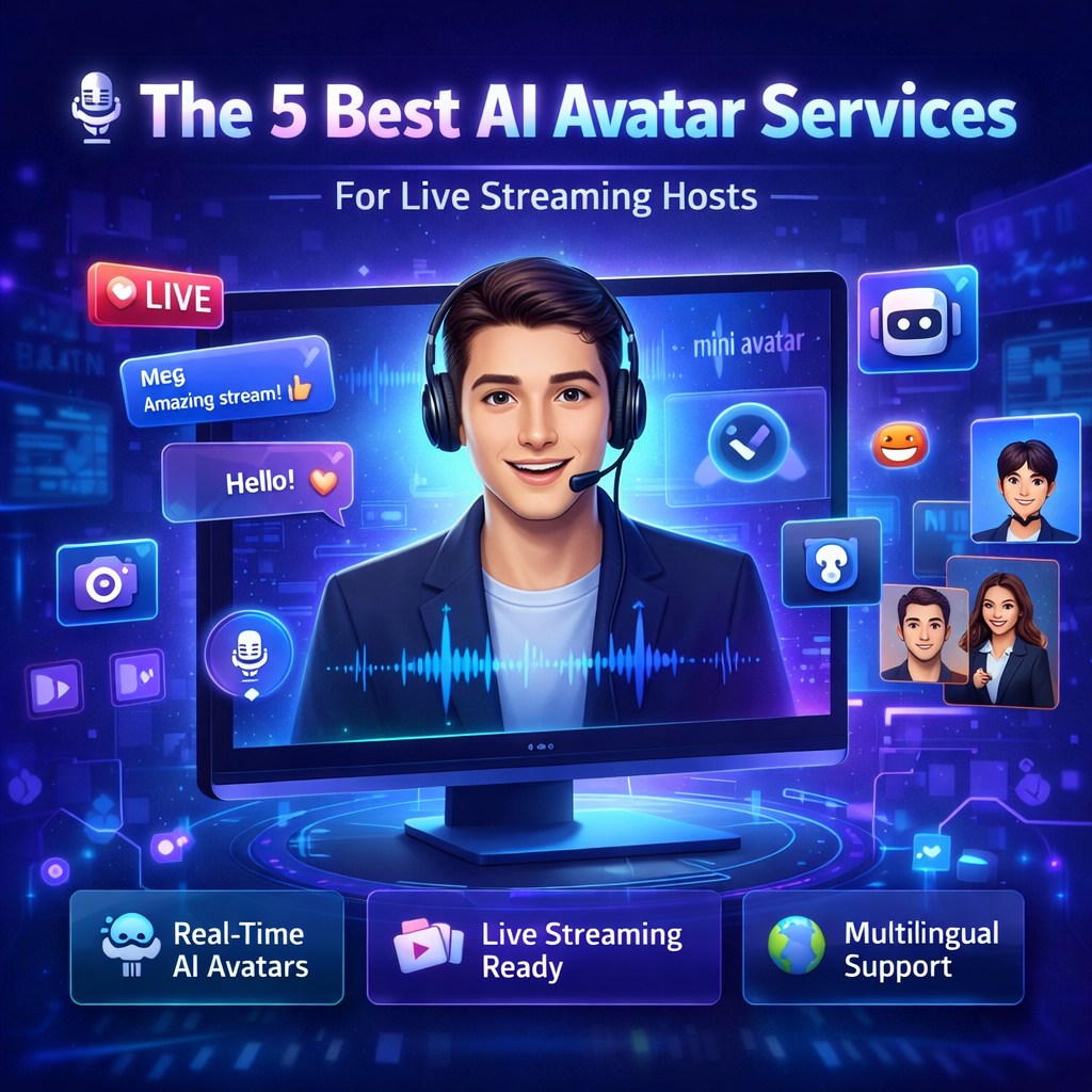 AI avatar hosting a live stream on a digital studio screen with chat messages and streaming icons, representing AI avatar services for live streaming hosts.