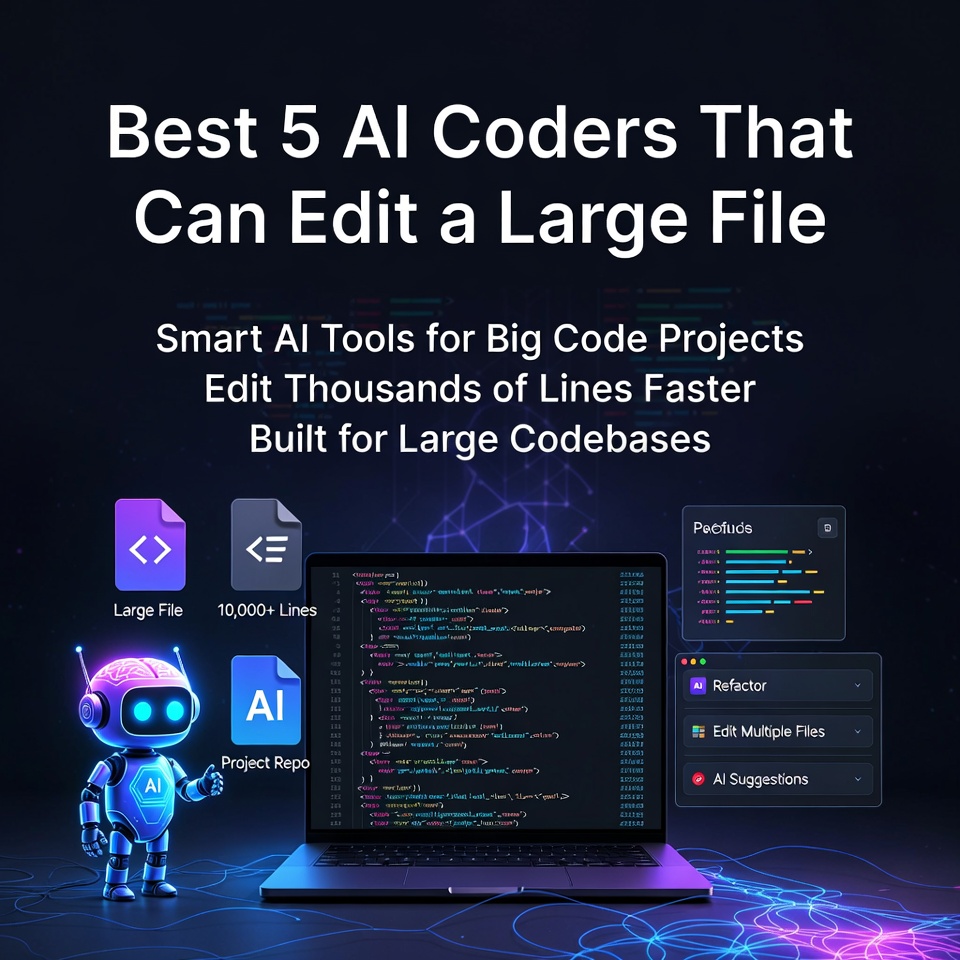 Best 5 AI coders that can edit large files shown on a laptop screen with AI assistant and long code lines