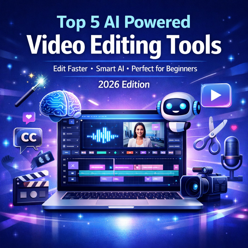 Top 5 AI powered video editing tools featured image showing AI video editing software and smart editing icons