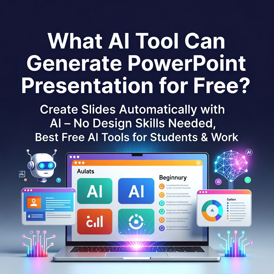 Free AI tools generating PowerPoint presentations automatically on a laptop screen with smart AI technology visuals