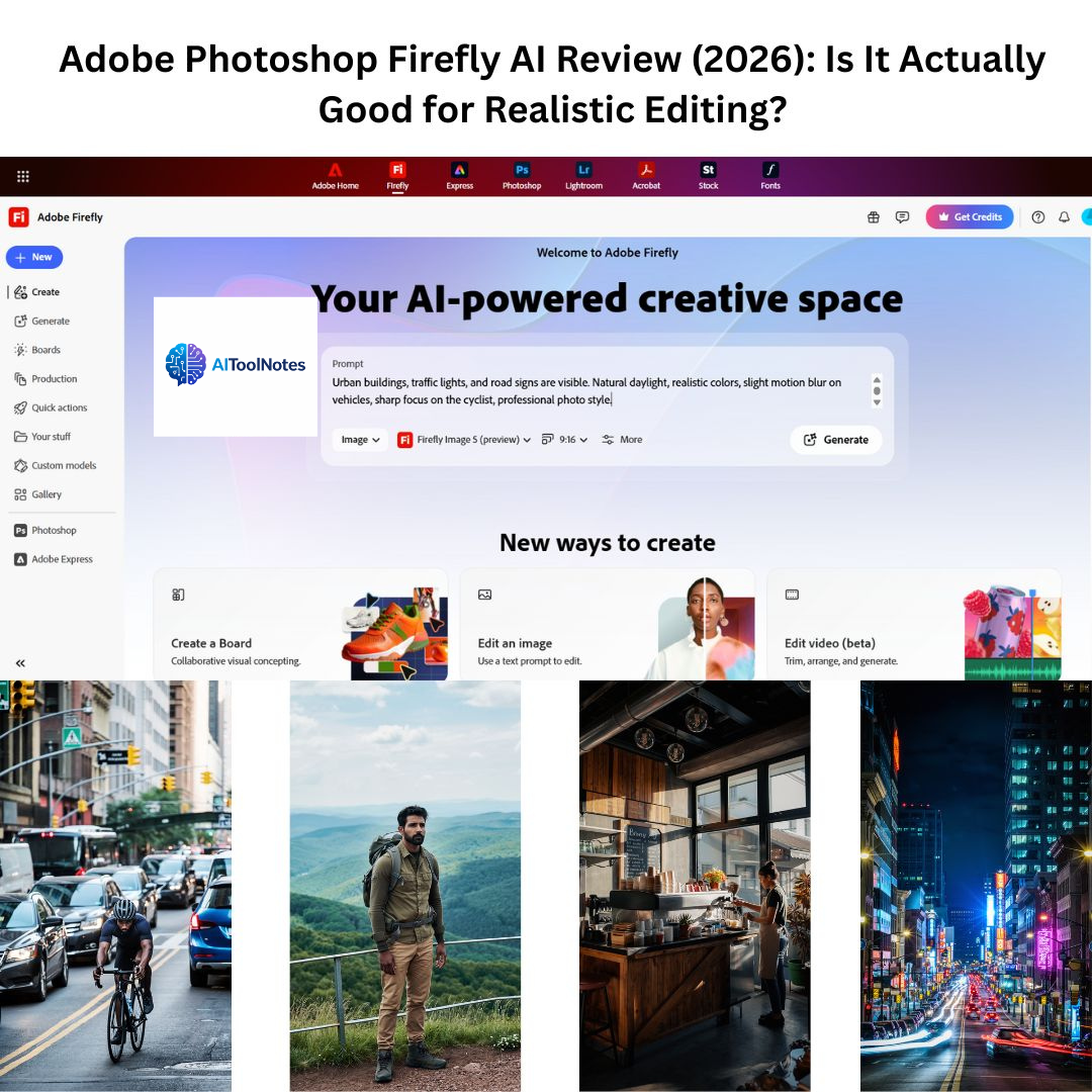 Adobe Photoshop Firefly AI dashboard with realistic AI-generated images and image creation tools.