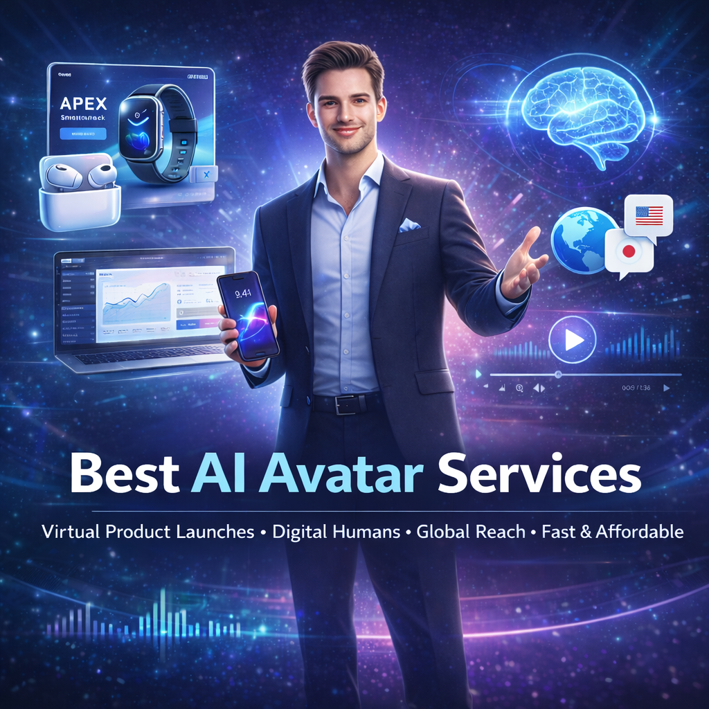 Best AI avatar services showcasing a digital human presenting a product during a virtual product launch.