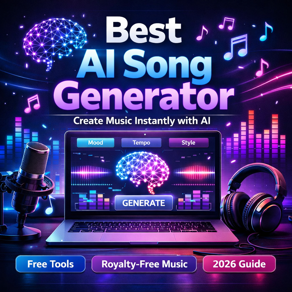 Best AI song generator showing an AI music creation interface with sound waves, musical notes, and digital studio elements