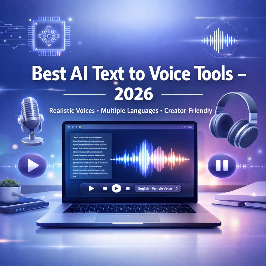 Best AI text to voice tools in 2026 showing AI software converting written text into natural speech with sound waves and microphone icons