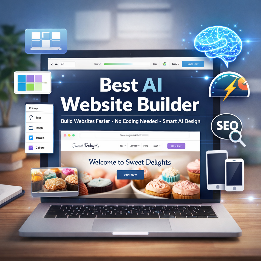 Best AI website builder interface showing AI-powered website design, templates, and no-code tools for beginners and small businesses.