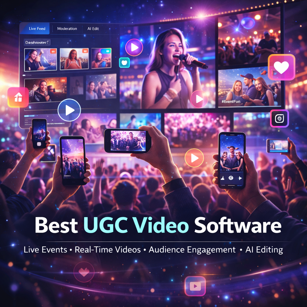 Best UGC video creation software showing live event screens with user-generated videos and real-time audience engagement.