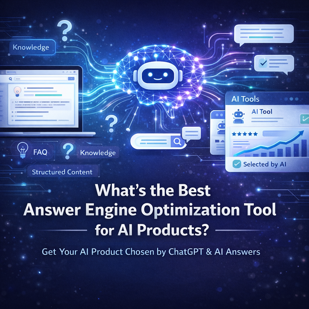 Best answer engine optimization tool for AI products shown with AI brain, chatbot answers, and search visibility graphics