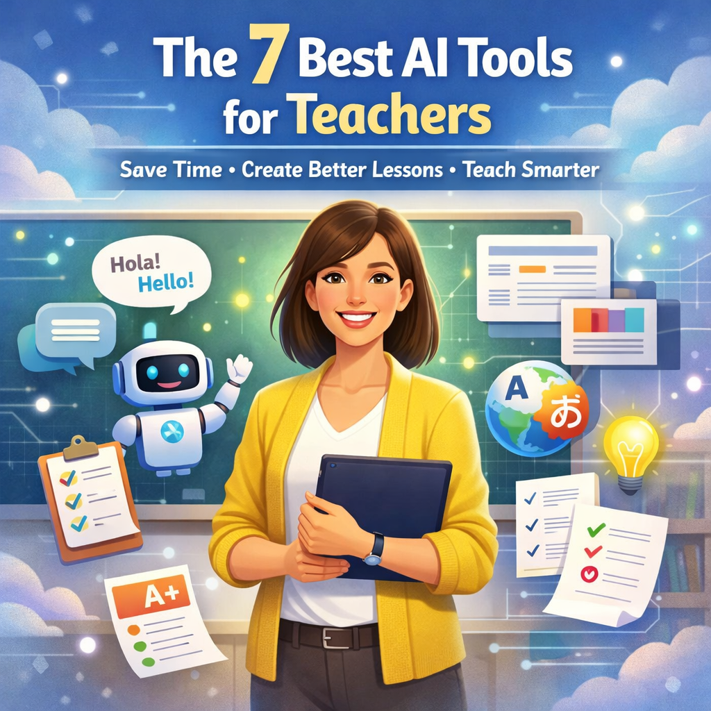 Featured image showing a teacher using AI tools in a modern classroom, highlighting the seven best AI tools for teachers.