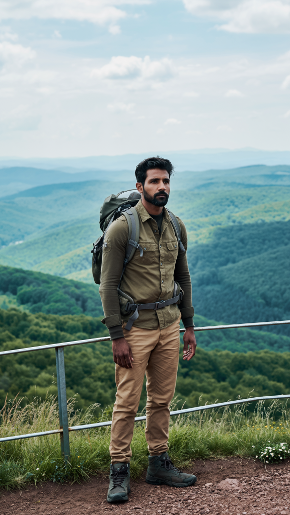 Man wearing hiking clothes and a backpack standing on a mountain viewpoint in the USA.
