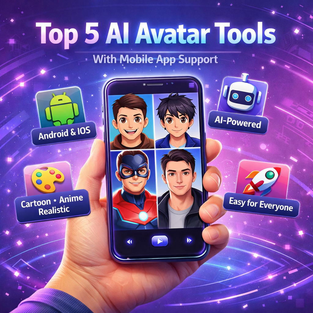 Smartphone showing AI-generated avatars in cartoon, anime, and realistic styles representing top AI avatar tools with mobile app support.