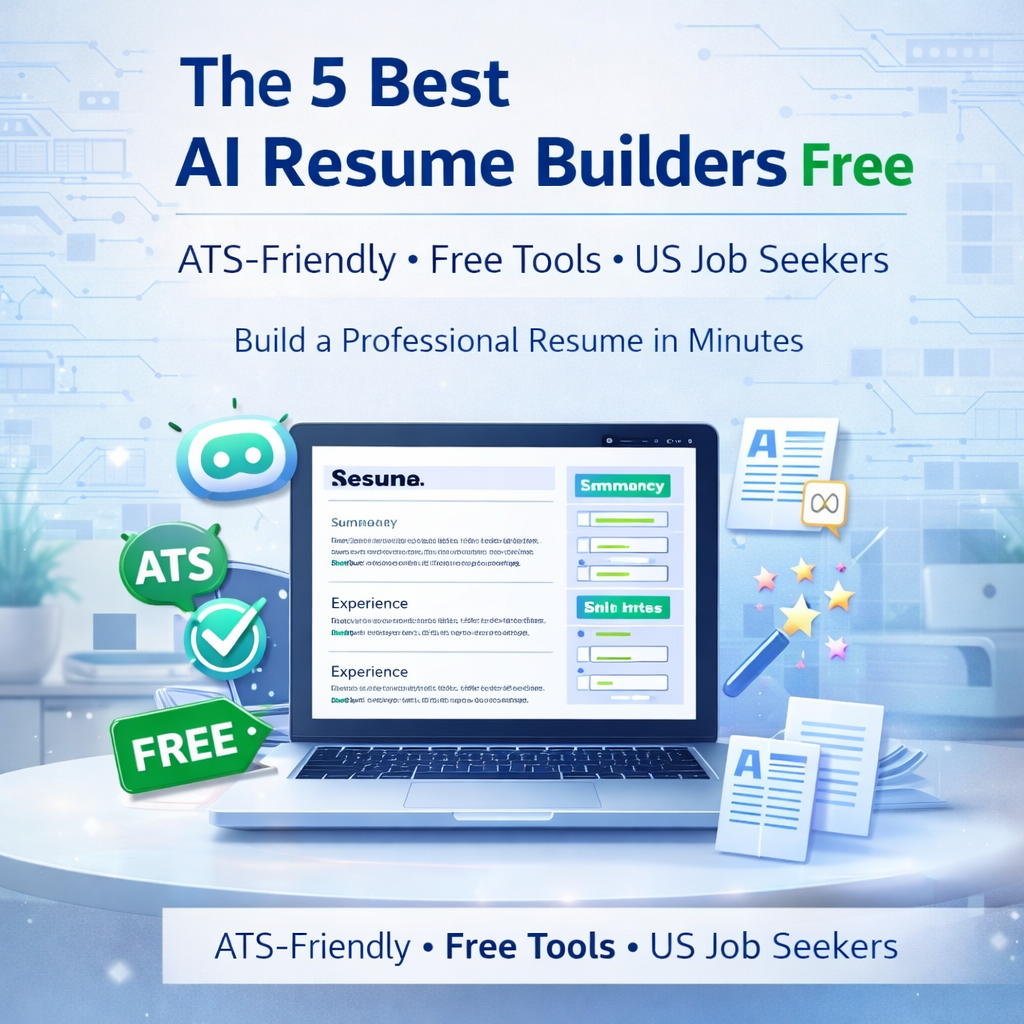 “Featured image showing a laptop with an AI-generated resume and the title ‘The 5 Best AI Resume Builders Free’ highlighting free tools for US job seekers.”