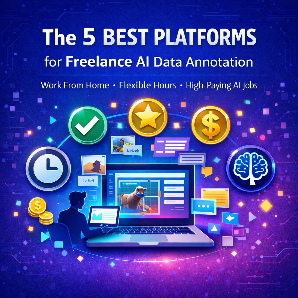 “Featured image showing freelance AI data annotation work on a laptop with text ‘The 5 Best Platforms for Freelance AI Data Annotation’ displayed in a modern tech design.”