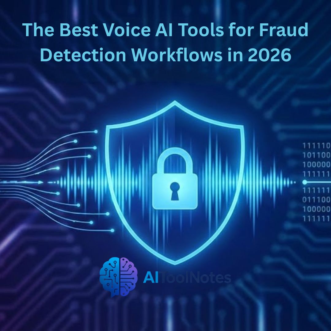 A glowing blue shield with a padlock over digital soundwaves, representing cybersecurity, with the text "The Best Voice AI Tools for Fraud Detection Workflows in 2026" and the AIToolNotes logo.