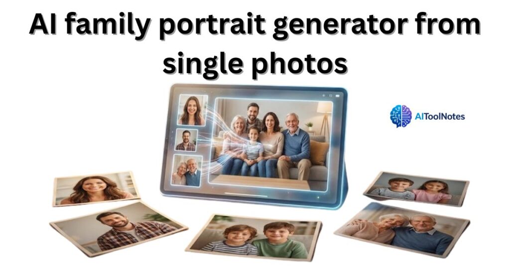 A digital tablet displaying a cohesive family portrait surrounded by individual photos of family members, illustrating an AI family portrait generator from single photos by AIToolNotes.