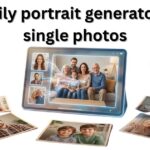 A digital tablet displaying a cohesive family portrait surrounded by individual photos of family members, illustrating an AI family portrait generator from single photos by AIToolNotes.