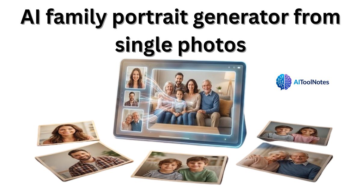 A digital tablet displaying a cohesive family portrait surrounded by individual photos of family members, illustrating an AI family portrait generator from single photos by AIToolNotes.