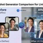 A split-screen comparison titled "Best AI Headshot Generator Comparison for LinkedIn Profiles" showing casual, messy-haired selfies on the left and polished, professional business headshots on the right, featuring the AI Tool Notes logo.