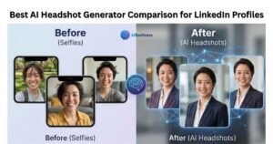 A split-screen comparison titled "Best AI Headshot Generator Comparison for LinkedIn Profiles" showing casual, messy-haired selfies on the left and polished, professional business headshots on the right, featuring the AI Tool Notes logo.