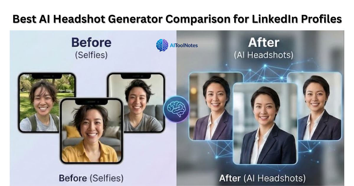 A split-screen comparison titled "Best AI Headshot Generator Comparison for LinkedIn Profiles" showing casual, messy-haired selfies on the left and polished, professional business headshots on the right, featuring the AI Tool Notes logo.