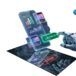 A robotic hand pressing a glowing green Launch button on a futuristic smartphone displaying AI-generated Facebook ad creatives, with a cracked mirror and red Stop sign beneath it.