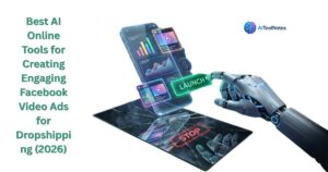 A robotic hand pressing a glowing green Launch button on a futuristic smartphone displaying AI-generated Facebook ad creatives, with a cracked mirror and red Stop sign beneath it.