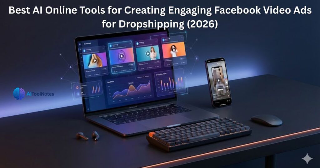 Best AI online tools for creating engaging Facebook video ads for dropshipping in 2026 showing a laptop dashboard with AI ad creatives, analytics graphs, and a smartphone displaying a vertical video ad