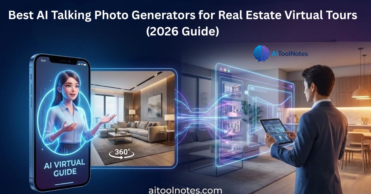 A real estate agent using a tablet to connect property photos to a 360-degree virtual tour, featuring a lifelike AI female talking avatar on a smartphone screen.
