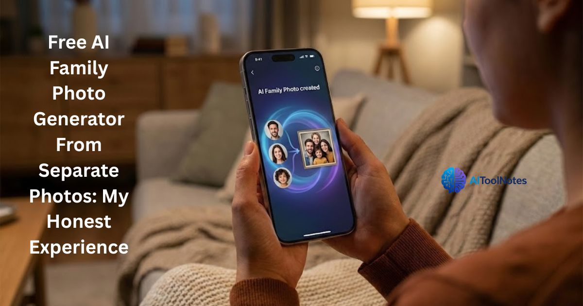 A person sitting on a couch holding a smartphone, using an AI app to merge separate profile pictures into a single family portrait. The image includes the text "Free AI Family Photo Generator From Separate Photos: My Honest Experience" and the AI Tool Notes logo.