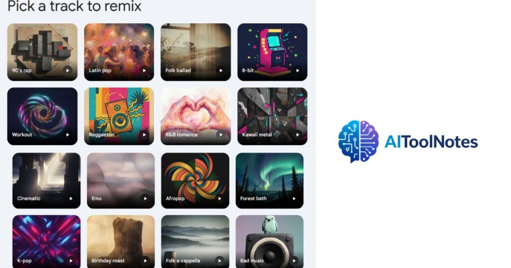 Google Gemini Music creation dashboard on PC showing 16 genre tiles including 90s Rap, Latin Pop, and Cinematic, with the AIToolNotes logo.