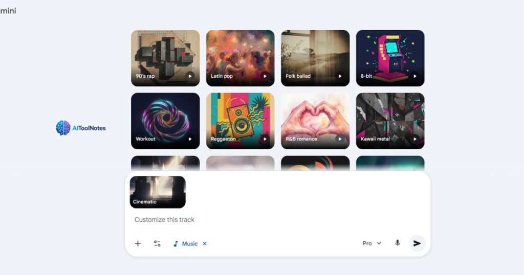 User selecting the 'Cinematic' genre tile in Google Gemini. A pop-up appears with the text 'Customize this track' above the input bar.
