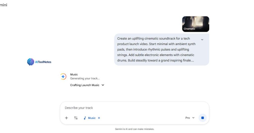 Typing a detailed text prompt into Gemini for a 'tech product launch video' soundtrack with 115 BPM. The interface shows the status 'Generating your track... Crafting Launch Music'.