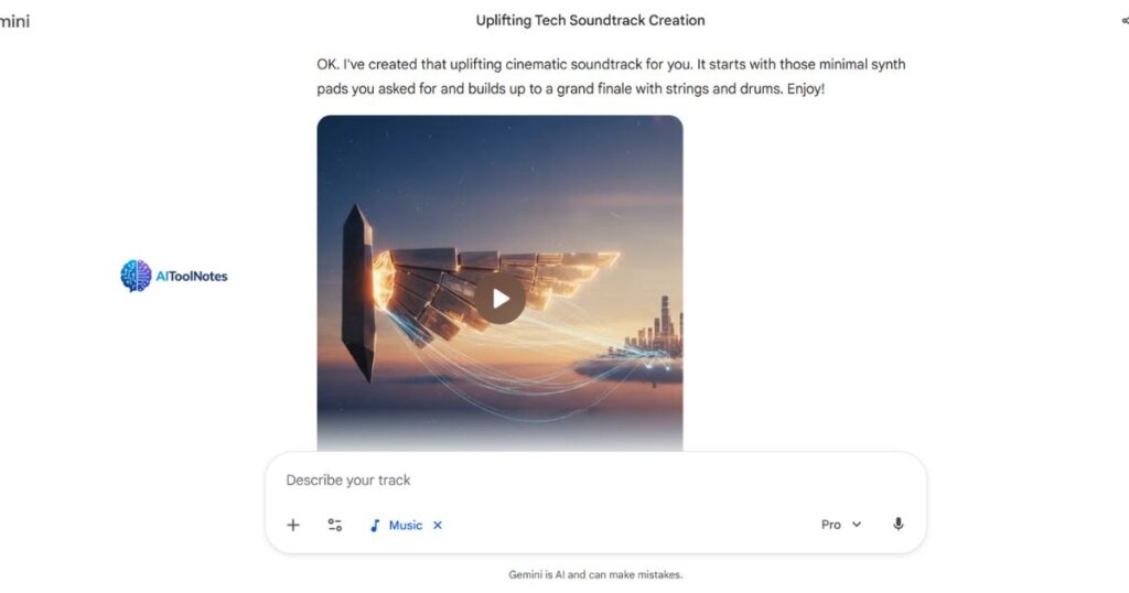 Final generated music result in Gemini showing a media player with futuristic AI-generated album art of a winged structure in a city.