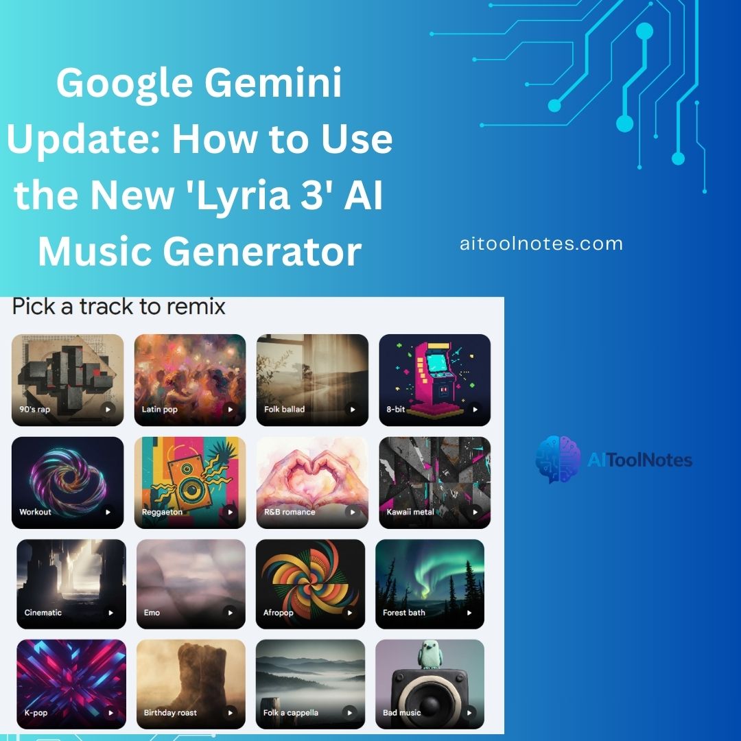 Featured image for Google Gemini Update post titled "How to Use the New 'Lyria 3' AI Music Generator." Shows the Gemini music interface genre tiles and AIToolNotes.com branding on a blue tech background.
