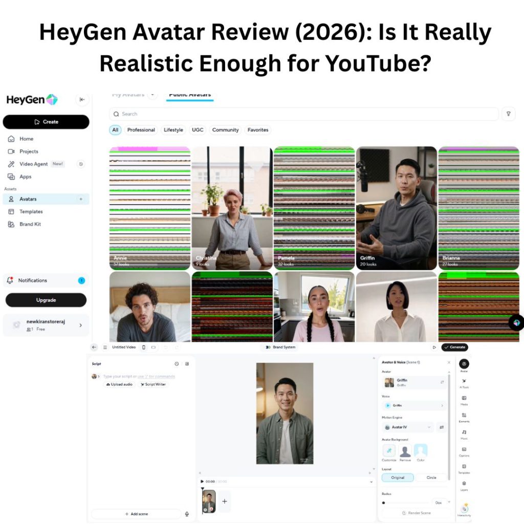 Featured image for the HeyGen Avatar Review (2026), showing the dashboard interface, the public avatar library, and the "Griffin" studio avatar using the Avatar IV motion engine.