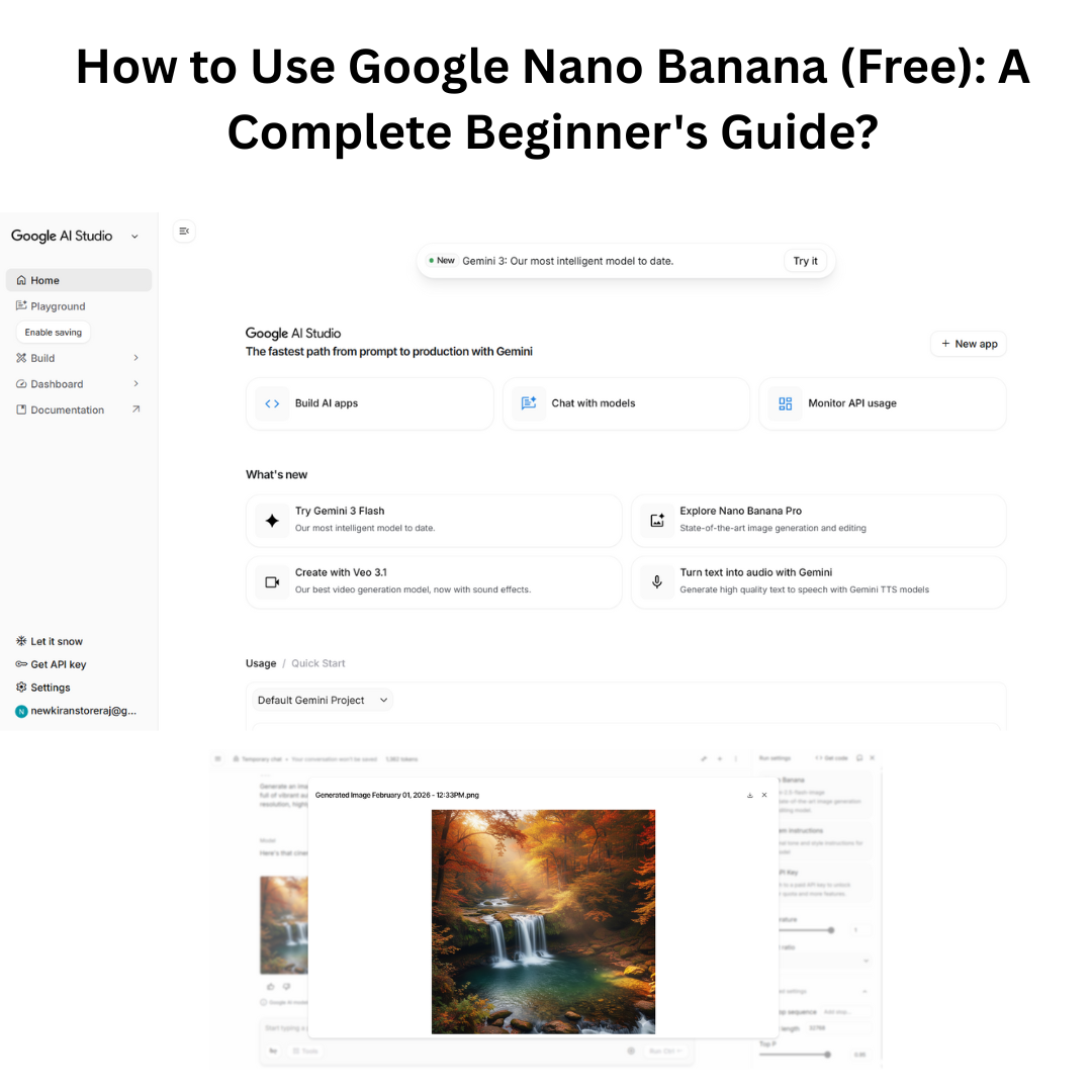 Featured image for the Google Nano Banana guide, showing the AI Studio dashboard and a realistic AI-generated waterfall image created with Gemini 3 Flash.