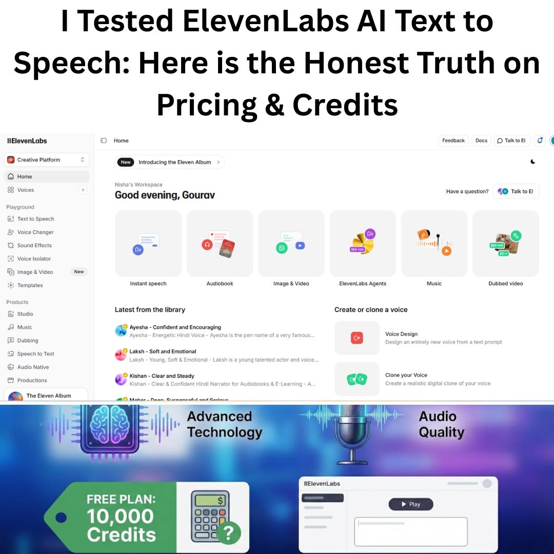 Featured image for ElevenLabs Review 2026, combining a screenshot of the user dashboard with a graphic analyzing the Free Plan's 10,000 credit limit and audio quality.