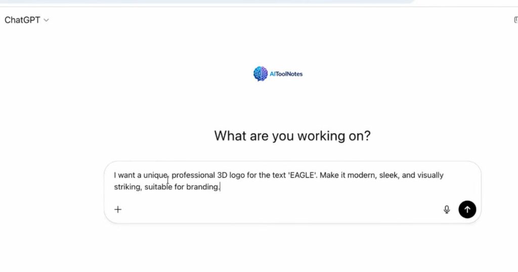 ChatGPT interface with a logo design prompt template entered in the message field ready to generate.