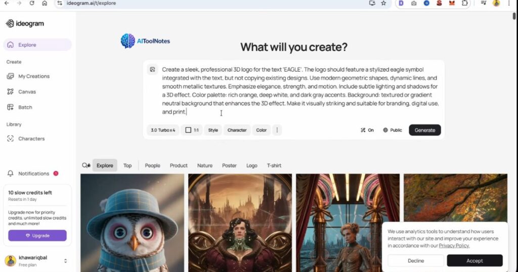The Ideogram.ai text input interface showing a detailed logo design prompt pasted and ready to generate.