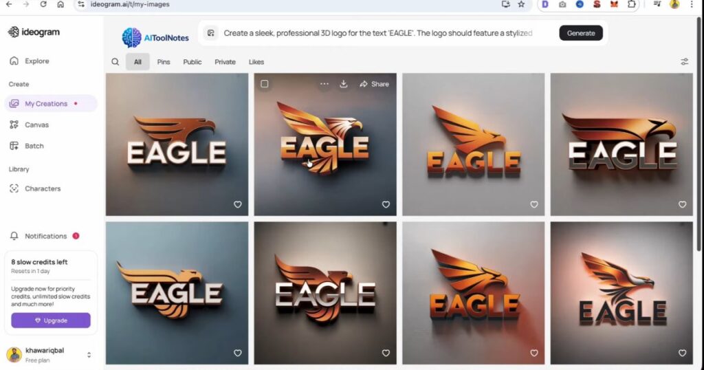 A grid of four AI-generated 3D logo variations displayed on the Ideogram.ai results page.