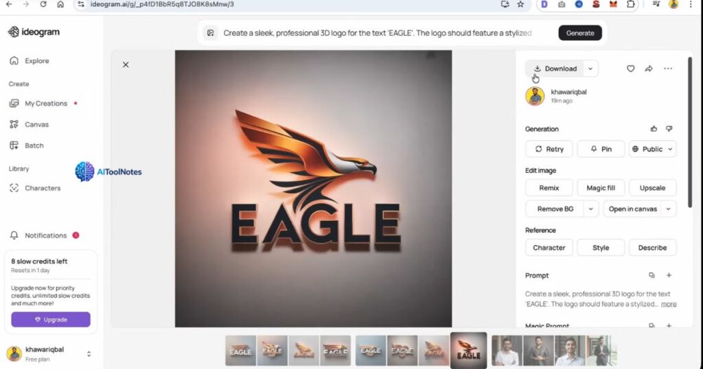 A selected 3D AI-generated logo displayed in Ideogram.ai with the download button highlighted and ready to save.