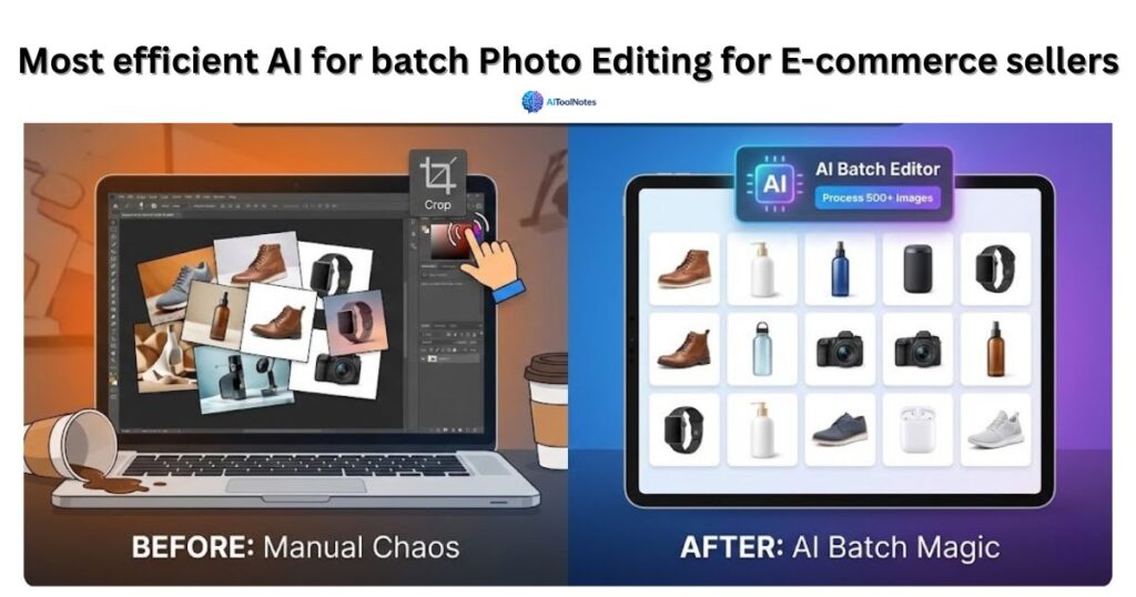 A comparison graphic titled "Most efficient AI for batch Photo Editing for E-commerce sellers" featuring a cluttered laptop screen on the left labeled "BEFORE: Manual Chaos" and a clean tablet interface on the right labeled "AFTER: AI Batch Magic" showing 500+ processed product images.