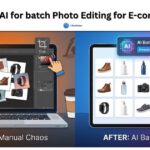 A comparison graphic titled "Most efficient AI for batch Photo Editing for E-commerce sellers" featuring a cluttered laptop screen on the left labeled "BEFORE: Manual Chaos" and a clean tablet interface on the right labeled "AFTER: AI Batch Magic" showing 500+ processed product images.