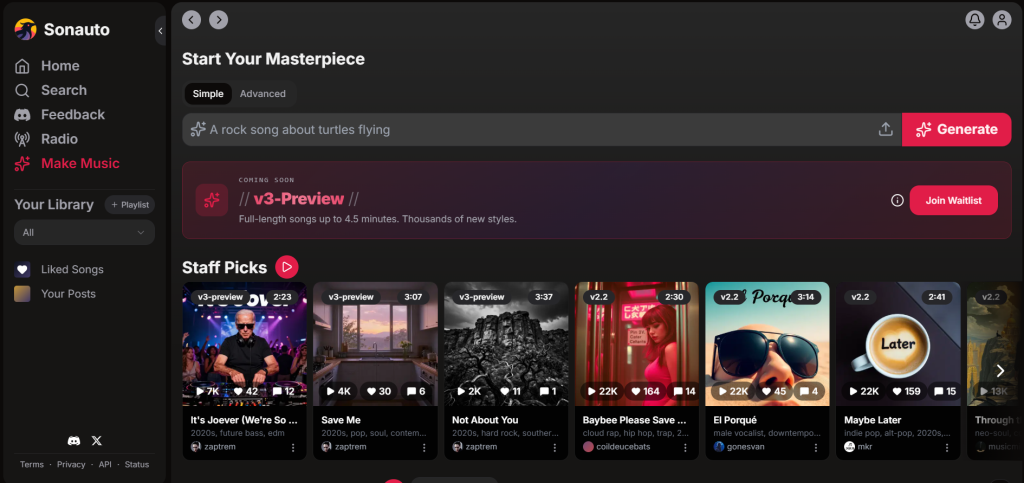 Sonauto AI music generator dashboard interface showing the text prompt bar and Staff Picks section.