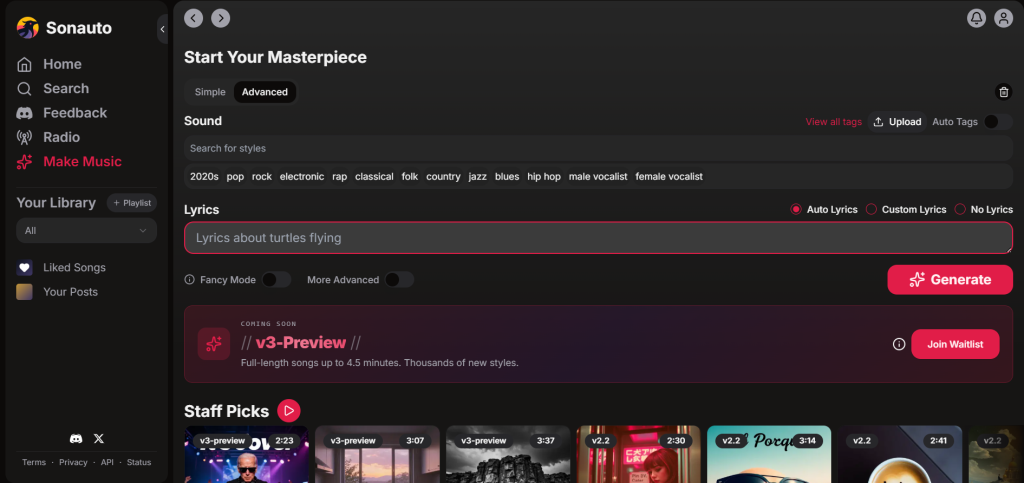 Sonauto AI music generator advanced mode interface showing sound style tags, custom lyric input options, and generation settings.