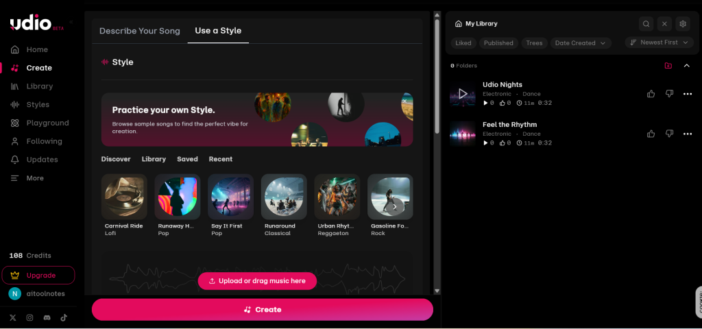 Udio AI "Describe Your Song" interface showing the text prompt box, voice control toggle, and lyric generation settings.